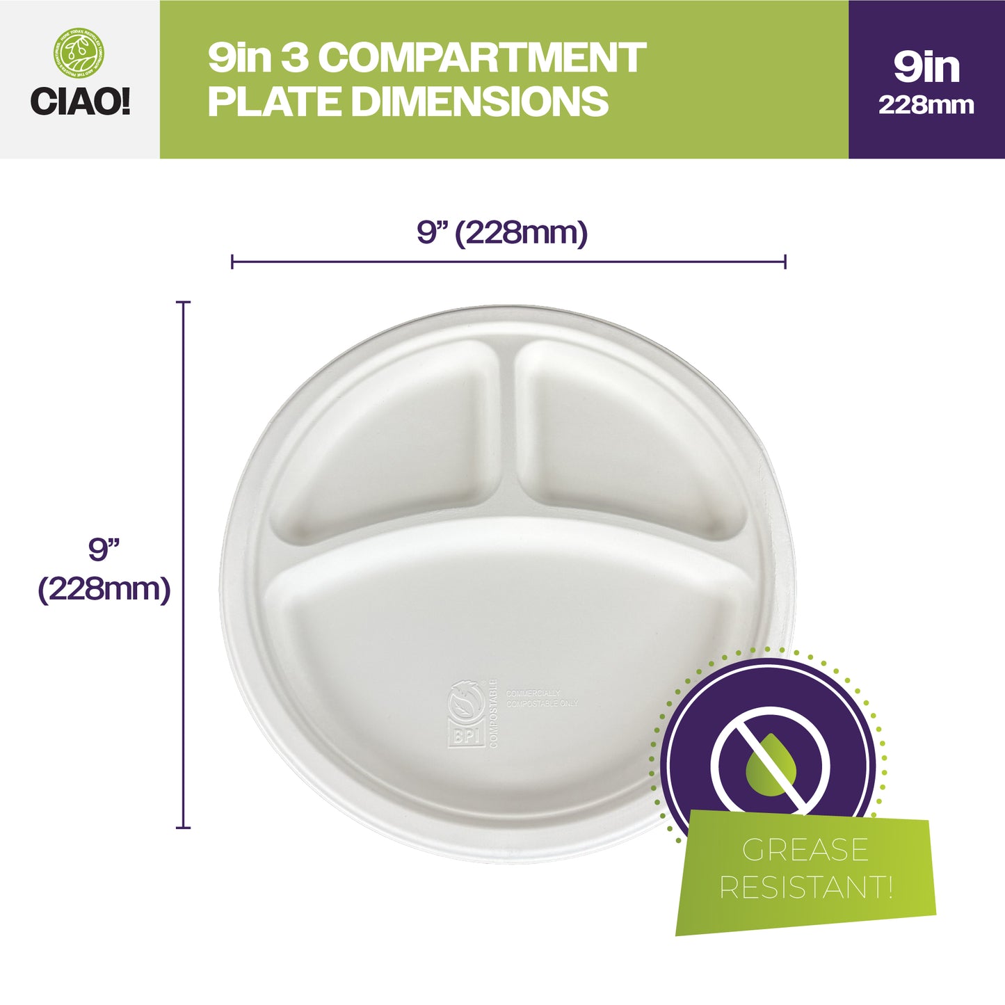 CIAO! 9" MFPP 3 Compartment Heavy Weight Plastic Plate White (Case of 400)