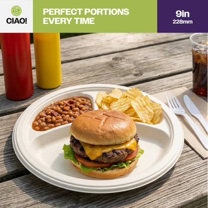 CIAO! 9" MFPP 3 Compartment Heavy Weight Plastic Plate White (Case of 400)
