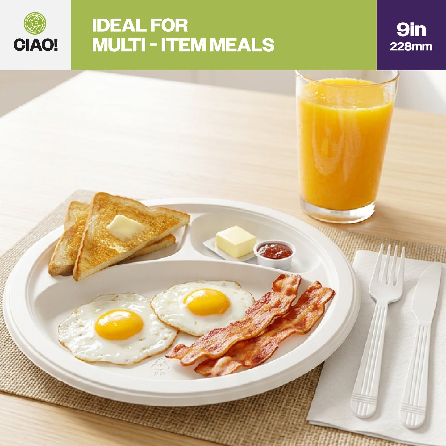 CIAO! 9" MFPP 3 Compartment Heavy Weight Plastic Plate White (Case of 400)