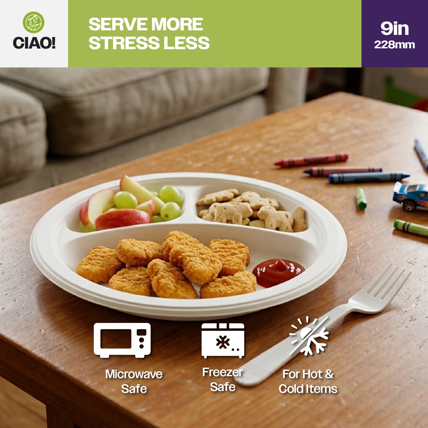 CIAO! 9" MFPP 3 Compartment Heavy Weight Plastic Plate White (Case of 400)