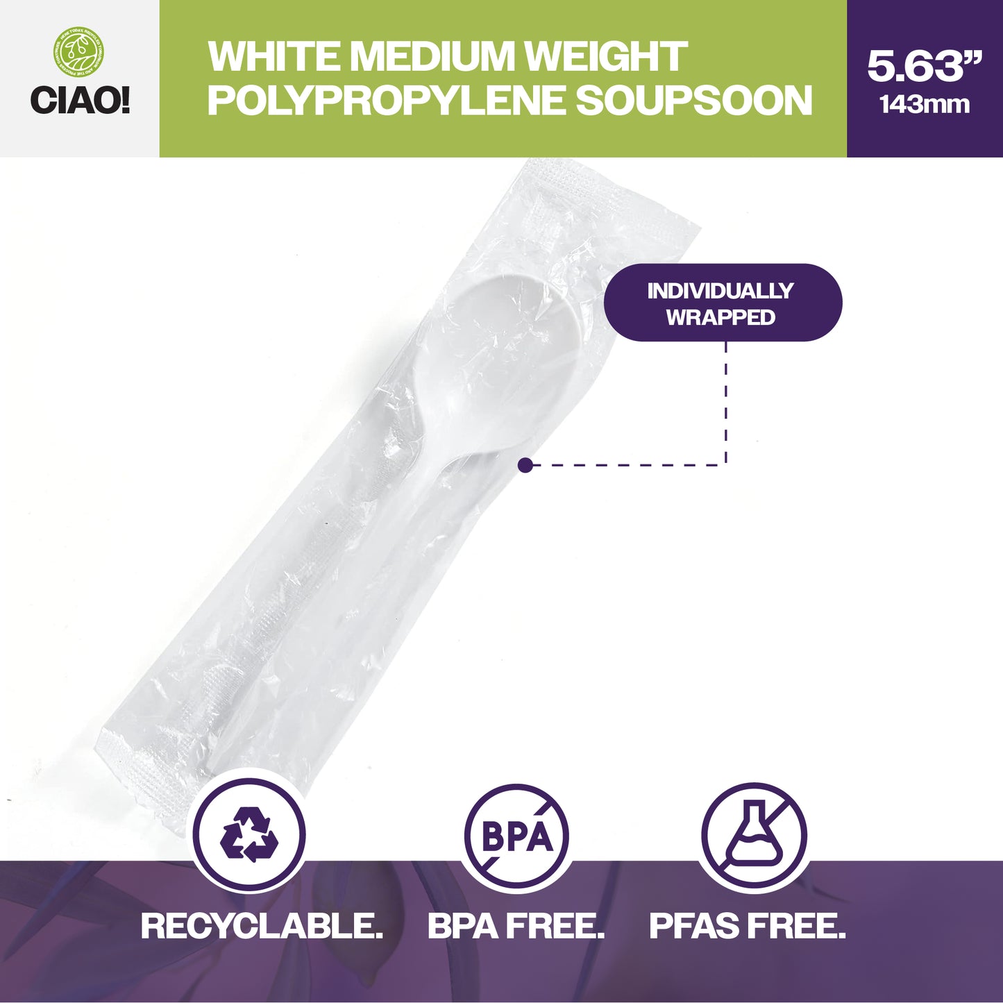 CIAO! Medium Weight Disposable White Soupspoons Polypropylene Individually Wrapped (Case of 1,000)