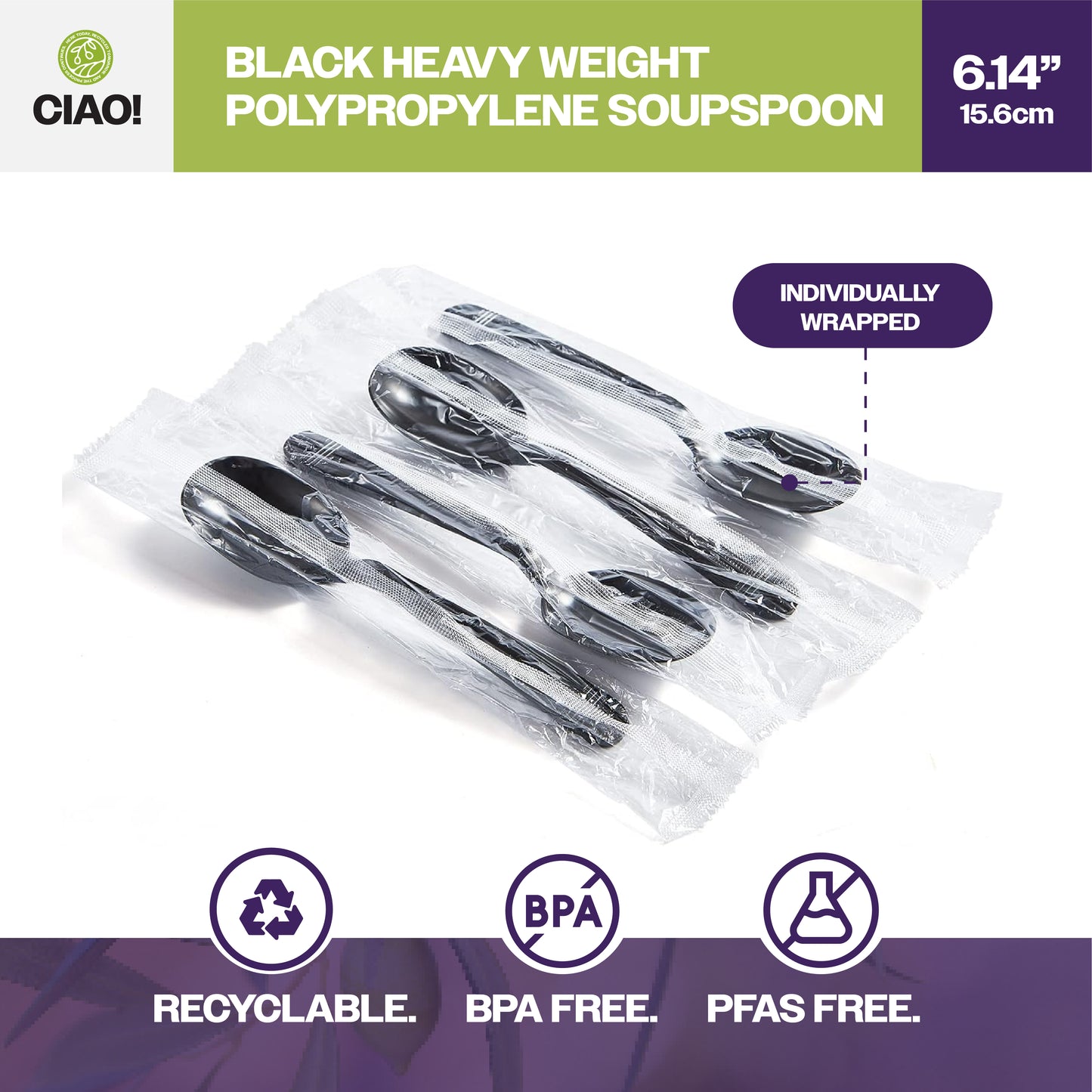 CIAO! Heavy Weight Black Soupspoons Polypropylene Individually Wrapped (Case of 1,000)