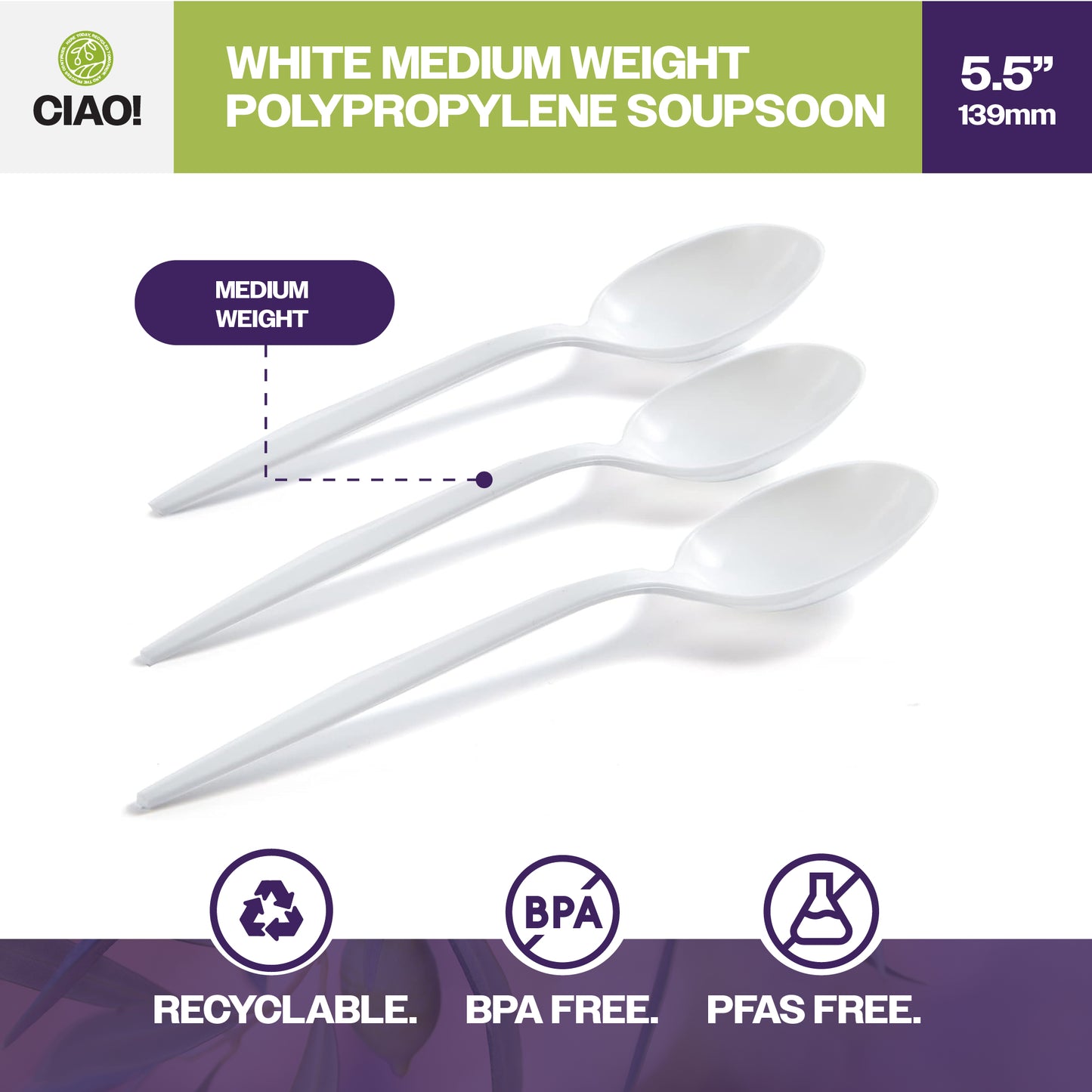 CIAO! Medium Weight Disposable White Soupspoons Polypropylene (Case of 1,000)