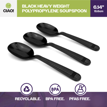 CIAO! Heavy Duty Black Polypropylene Disposable Soup Spoons, Foodservice Bulk Pack – 1,000 Count