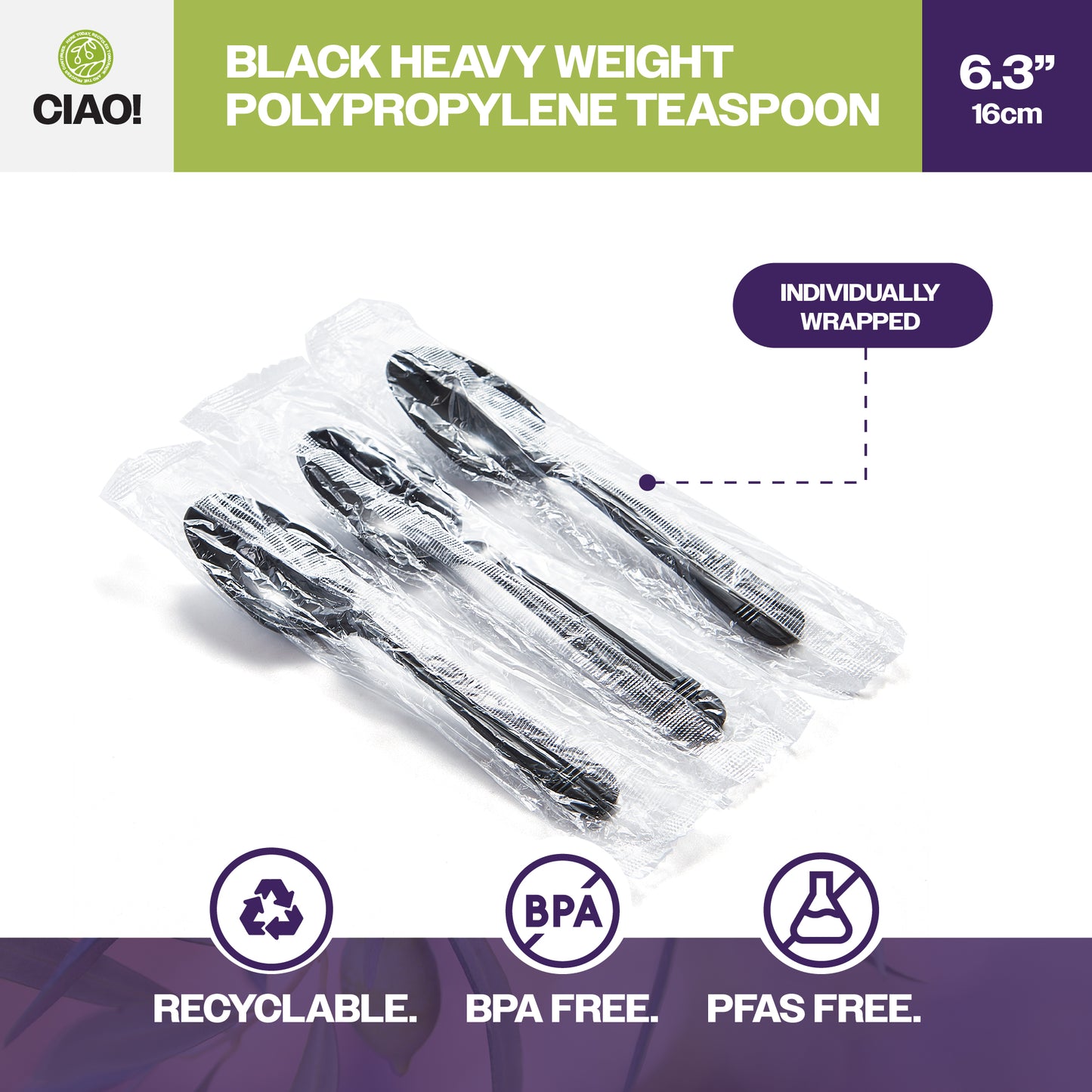 CIAO! Heavy Weight Disposable Black Teaspoons Polypropylene Individually Wrapped (Case of 1,000)