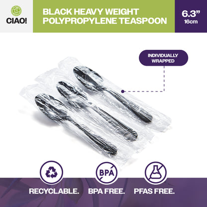 CIAO! Heavy Weight Disposable Black Teaspoons Polypropylene Individually Wrapped (Case of 1,000)