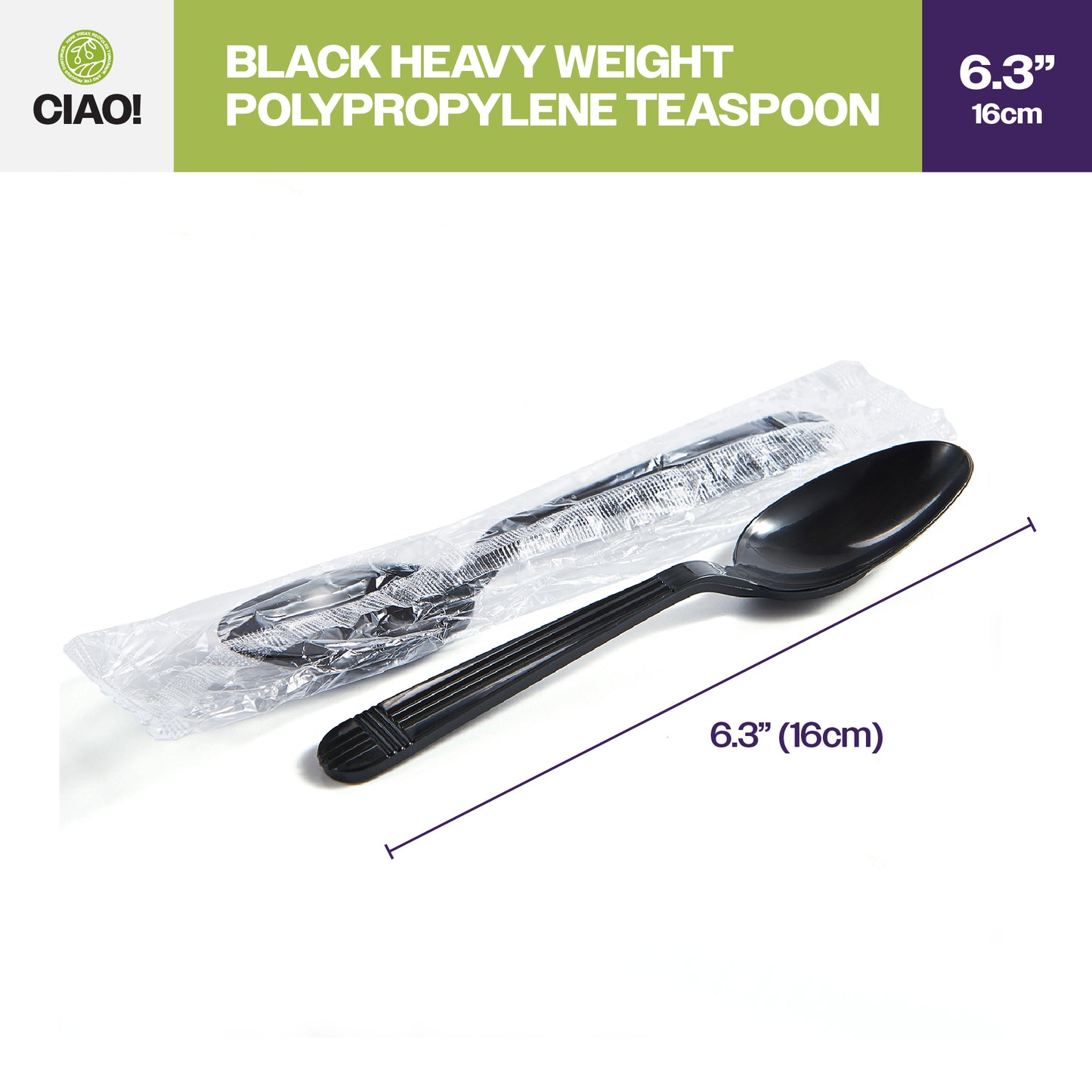 CIAO! Heavy Weight Disposable Black Teaspoons Polypropylene Individually Wrapped (Case of 1,000)