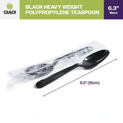 CIAO! Heavy Weight Disposable Black Teaspoons Polypropylene Individually Wrapped (Case of 1,000)