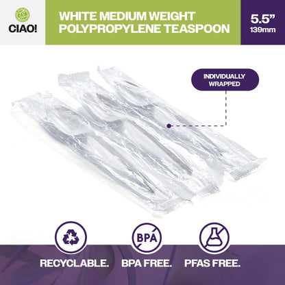 CIAO! Medium Weight Disposable White Teaspoons Polypropylene Individually Wrapped (Case of 1,000)