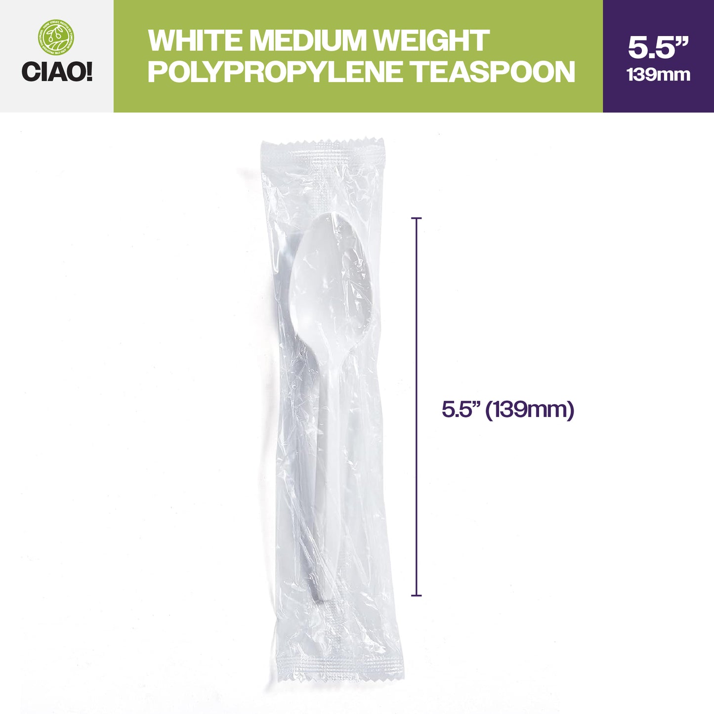 CIAO! Medium Weight Disposable White Teaspoons Polypropylene Individually Wrapped (Case of 1,000)