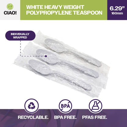 CIAO! Heavy Weight Disposable White Teaspoons Polypropylene Individually Wrapped (Case of 1,000)