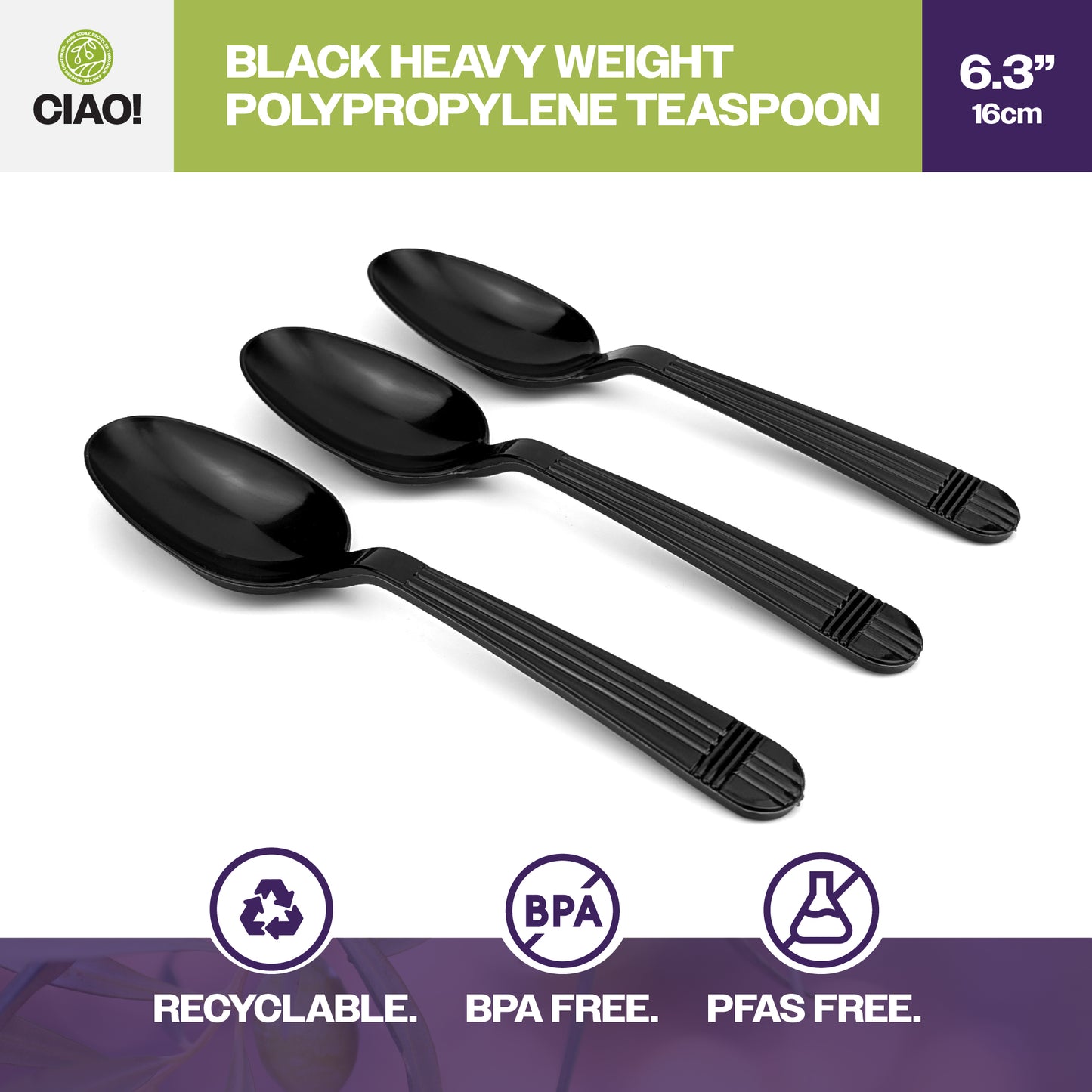 CIAO! Heavy Duty Black Polypropylene Disposable Teaspoons, Foodservice Bulk Pack – 1,000 Count